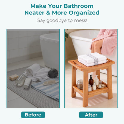 OLIXIS 14" Wooden Shower Bench, Waterproof Shower Stool for Shaving Legs, Bathroom Chair with Storage Shelf & Handles, 300 LBS Capacity Showering Seat for Senior, Adult, Disabled & Elderly