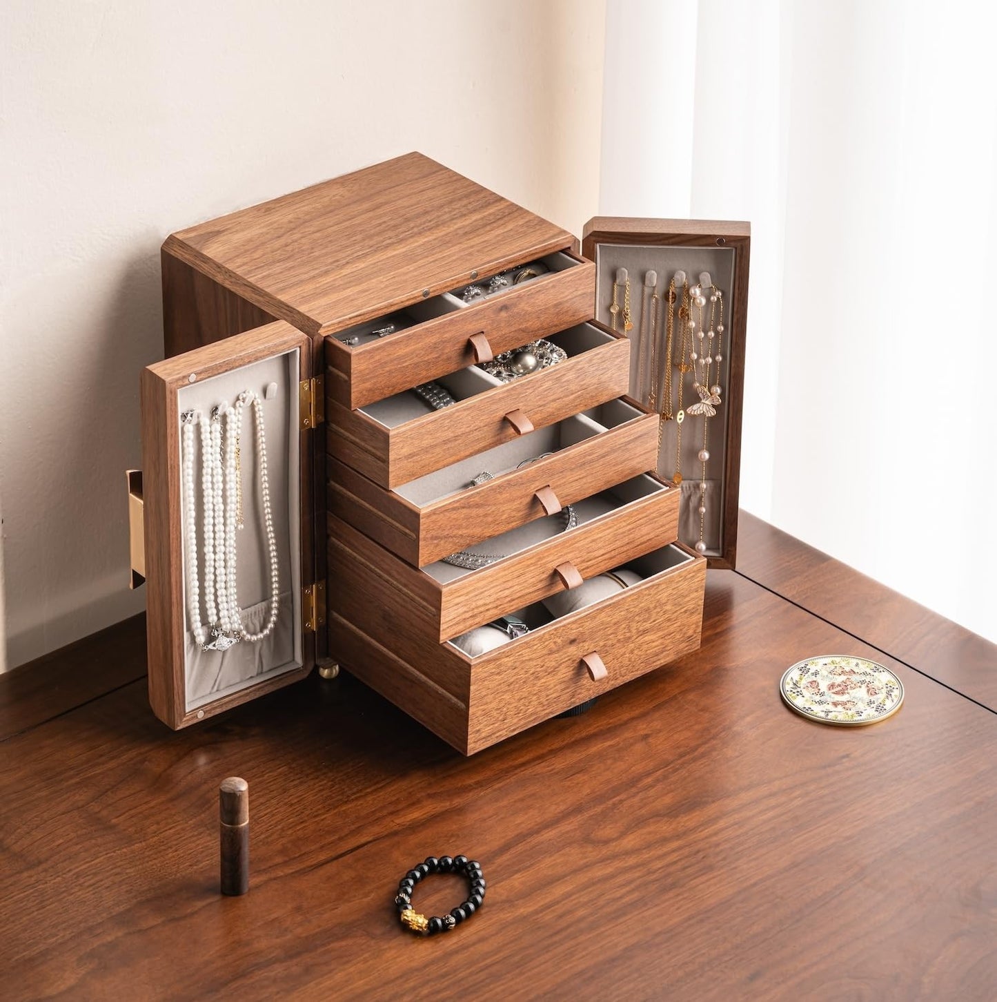 ZMARKRAFT® Black Walnut Wooden Jewelry Box, Decorative Multi-Layer Solid Wood Jewelry Case, Organizer for Rings, Necklaces, Earrings, Treasure Box Storage, Practical and Thoughtful Gift for Women