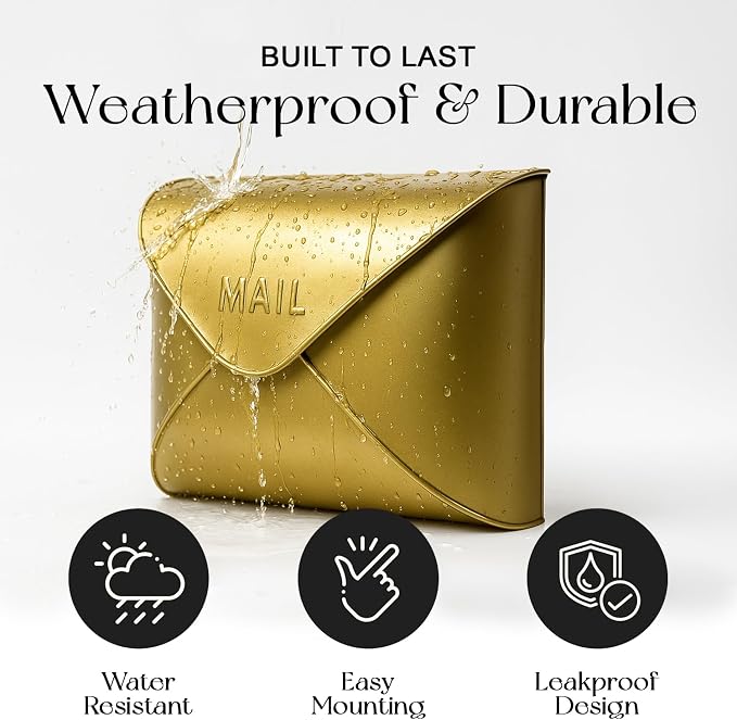 NACH Wall Mount Mailboxes, 12.5 x 10 x 5 inch Gold Finish Wall Mailboxes for Outside, Waterproof Mailboxes for Outside - Envelope Mailbox