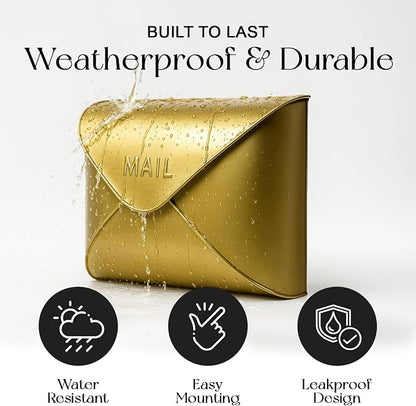 NACH Wall Mount Mailboxes, 12.5 x 10 x 5 inch Gold Finish Wall Mailboxes for Outside, Waterproof Mailboxes for Outside - Envelope Mailbox
