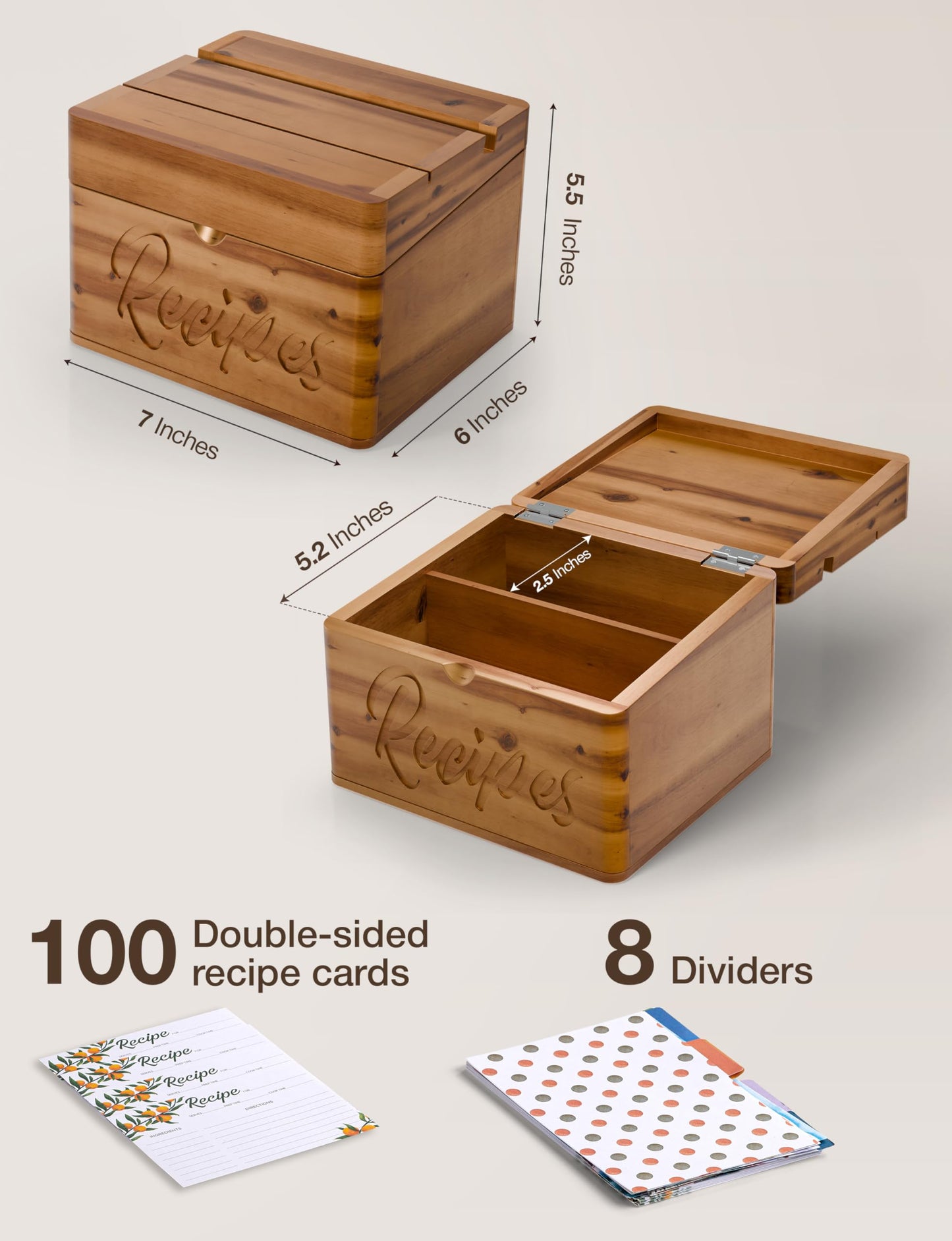 Tidita Acacia Recipe Box with Recipe Cards 4x6 - Wooden Box with Dual Slot, 2 Compartment - Comes with 100 Index Card 4x6, 8 Dividers - 2in1 Recipe Slot and Smartphone Holder - No Assembly Required