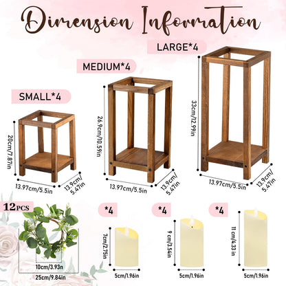 Geelin 12 Set 7.87'', 10.59'', 13'' Brown Wooden Lanterns for Wedding Centerpieces Include 12 Wooden Lantern 12 LED Candle 12 Eucalyptus Leaves Wreath for Wedding Baby Shower Farmhouse Table Decor