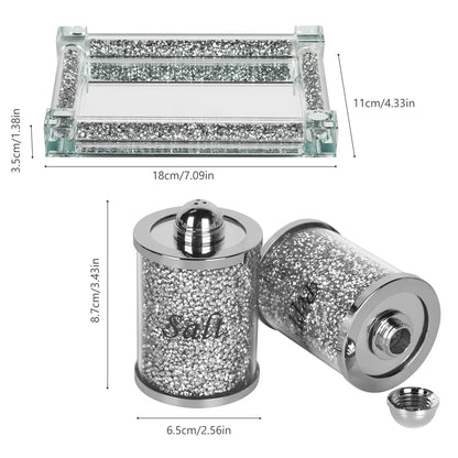 Crystal Salt and Pepper Shakers Set with Tray,Sparkly Crystal Crushed Diamond House Decor for Kitchen,Bling Salt Pepper Jar Container Pot for Countertop,saleros para cocina elegantes,Silver