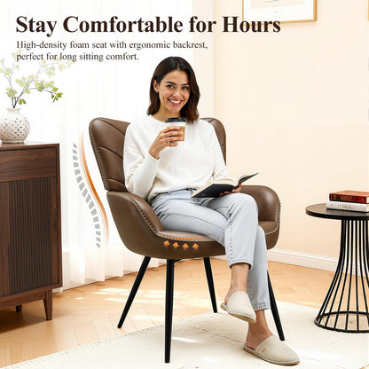 MALOL Mid-Century Modern Faux Leather Accent Chair for Living Room, Upholstered Armchair with Curved Ergonomic Back, High-Density Cushion & Metal Legs, Lounge Chair for Bedroom/Reading Corner
