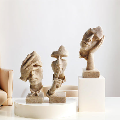 aboxoo Large Size 3 Pcs Thinker Statue, Silence is Gold, See No Evil Hear No Evil Speak No Evil Statues, Modern Resin Sculptures Decor for Living Room, Home, Office Study (Sandy)