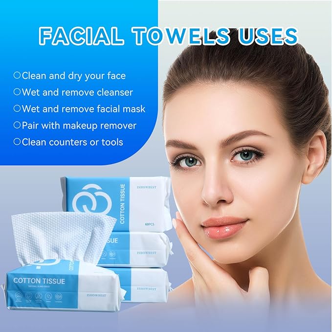 Disposable Face Towel, ISHOWBEST 60 Count Clean Face Towels, Biodegradable