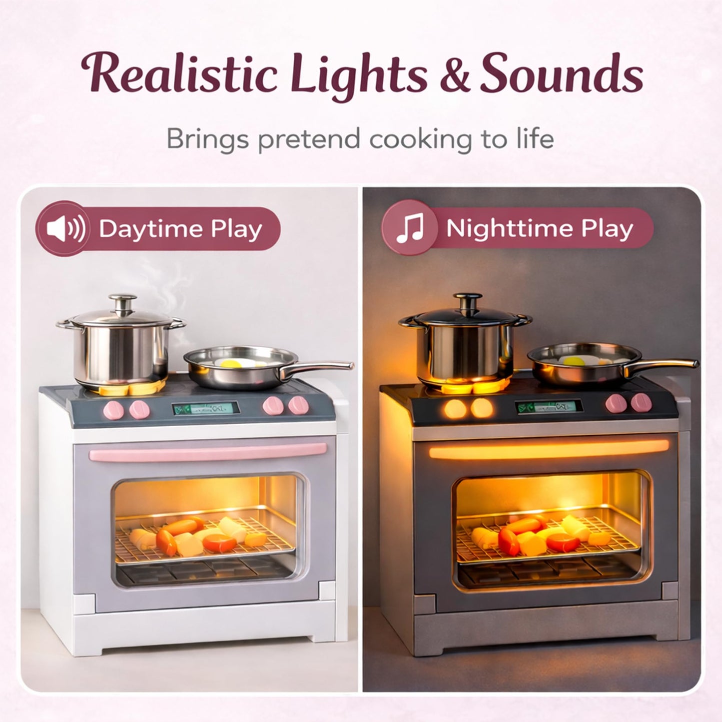 Doll Kitchen Playset for Kids, My Modern Mini Kitchen House Furniture Pretend Play Toy Accessories Set with Realistic Lights & Sounds for Toddlers, Girls (4-in-1)