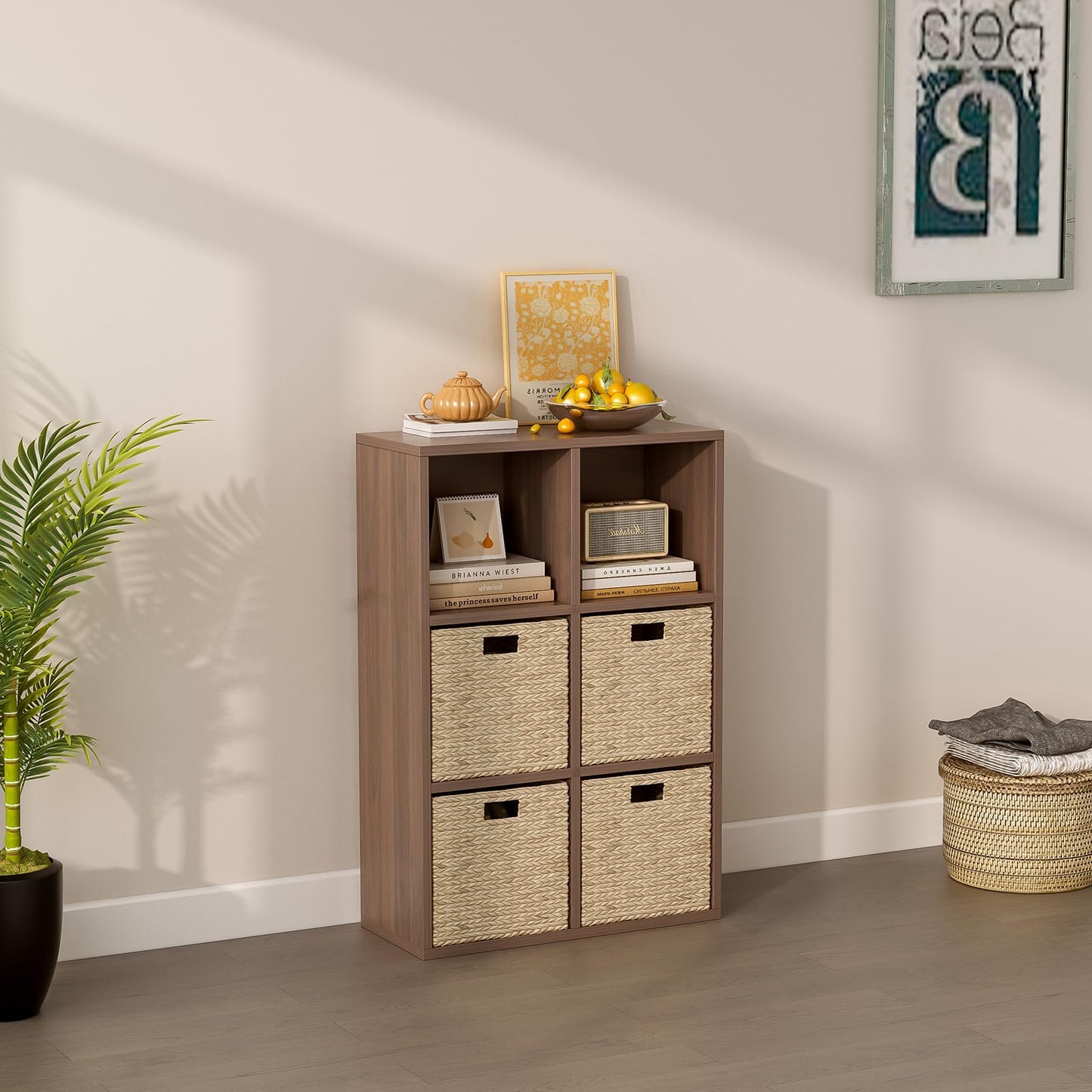 OSCHF 6-Cube Storage Shelf Bookcase - Wooden 3-Tier Floor Standing Open Bookshelf for Home and Office, Cuby Orgainzer, Walnut
