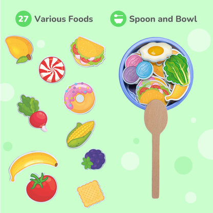 Bimi Boo Wooden Feeding Toy - Montessori Scooping & Fine Motor Toy for Toddlers 1-4 | Speech Therapy & Occupational Therapy Pretend Play Food Set | 27 Foods, Spoon & Bowl