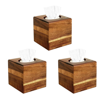 PEDOBALI 3 Pcs Wooden Tissue Box Cover Bulk, Square Acacia Wood Box Holder, Retro Color Facial Tissue Cover Holder, for Tabletop, Night Stands, Bathroom, Office, Kitchen