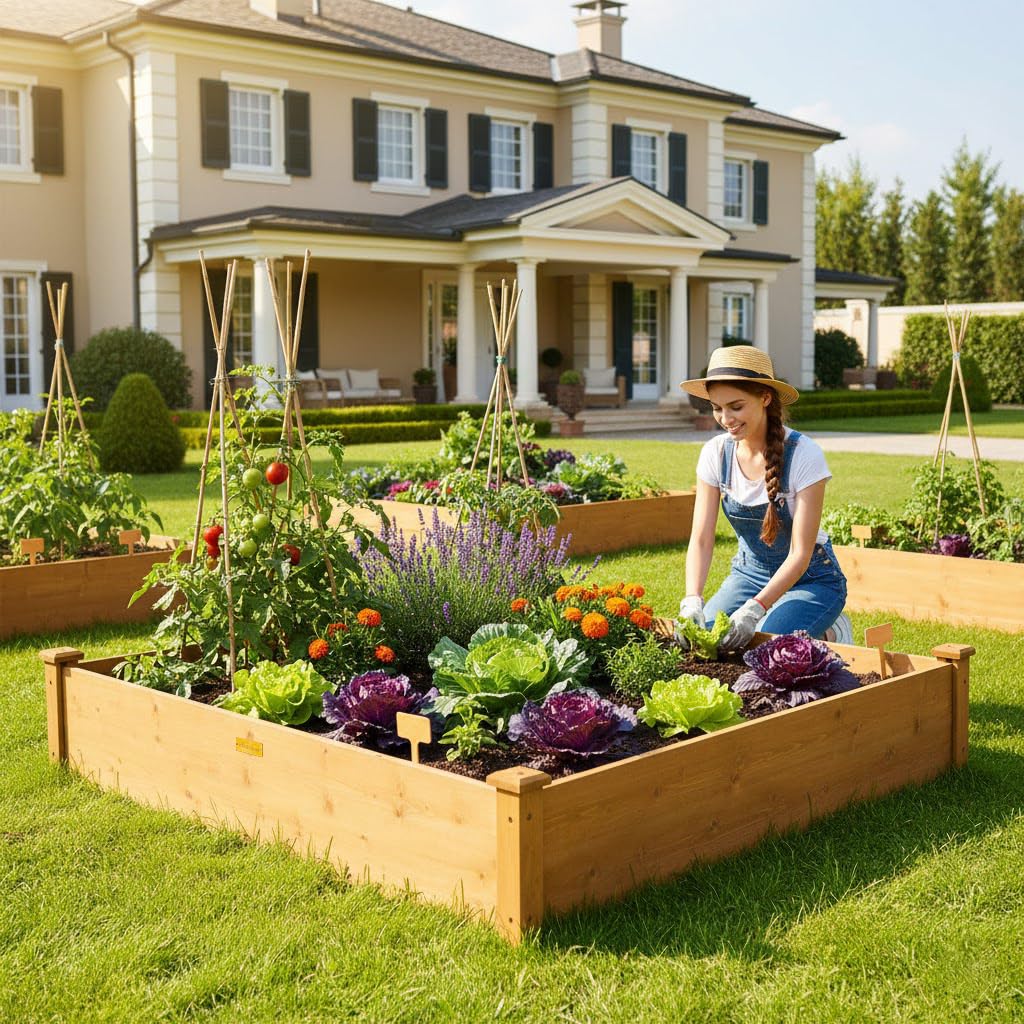Hollyone 4x4 Raised Garden Bed Wood Frame Planters Wooden Elevated Planting Planter Box for Outdoor Herb Vegetables Flowers Grass Lawn Yard Patio - Natural Brown 48" X 48" inches
