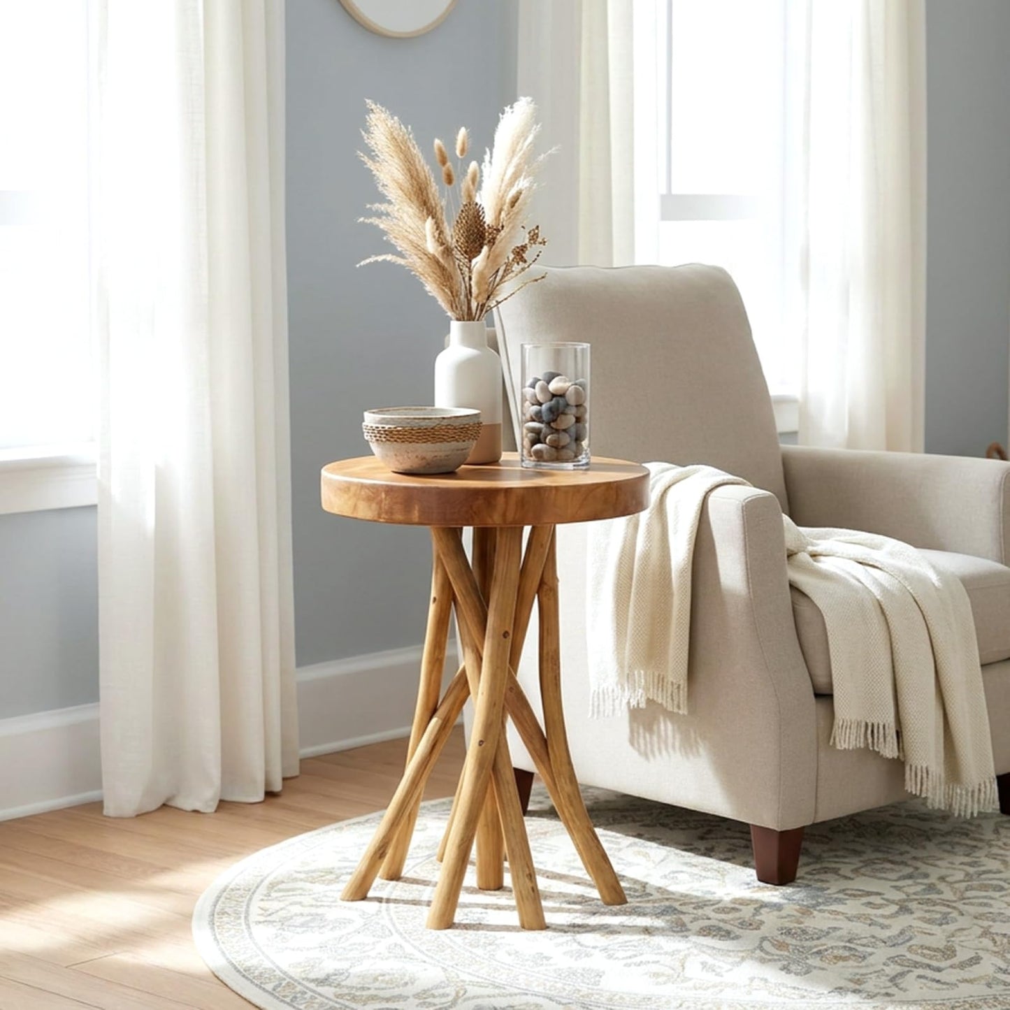 WELLAND Teak Wood Stick Leg End Table, 16" L x 16" W x 20" H Rustic Side Table, Small Accent Table, Plant Stand for Living Room, Bedroom, Home Office