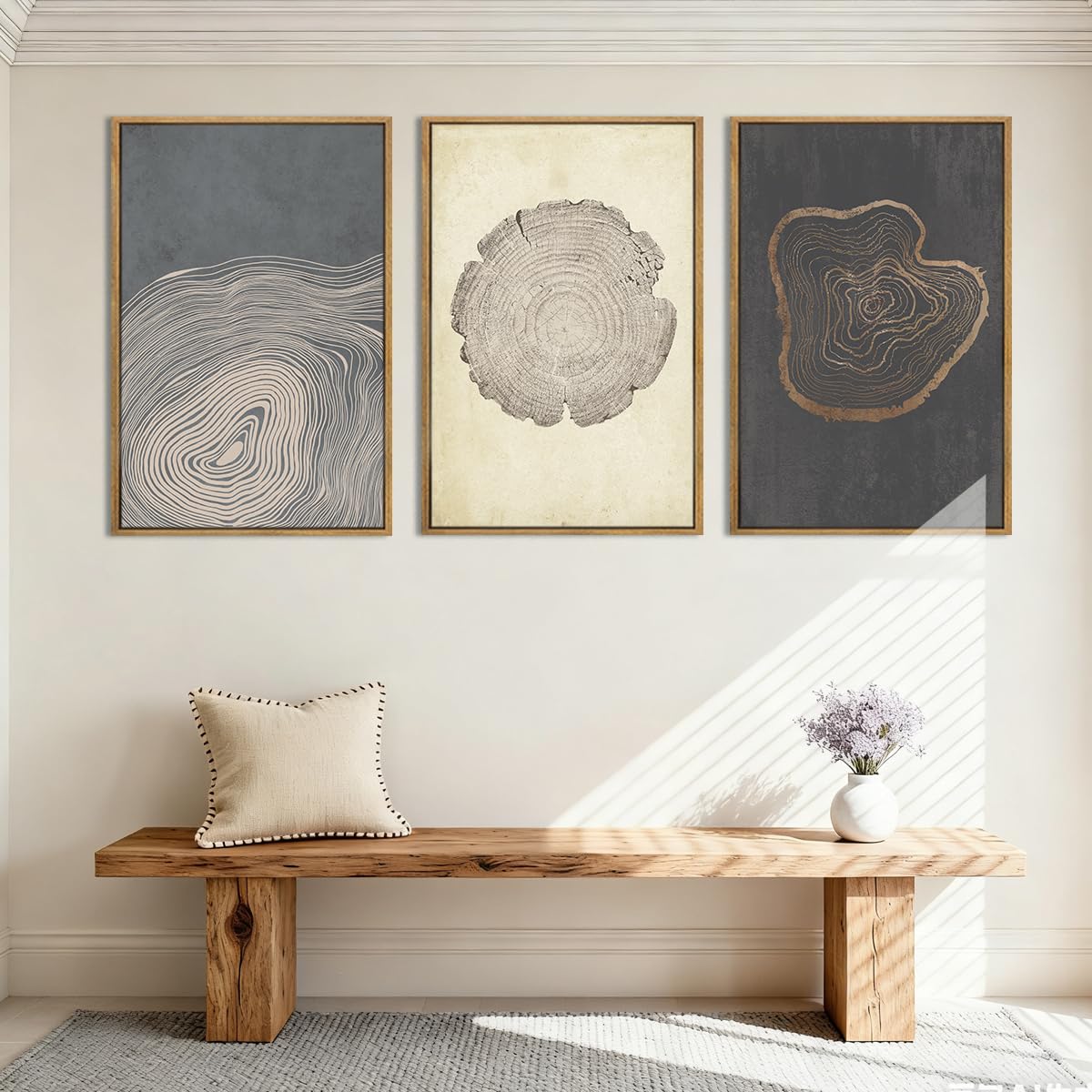 Anyzal Extra Large Neutral Tree Ring Framed Wall Art 24x36 Inch Modern Wood Ring Canvas Wall Decor Modern Minimalist Wood Artwork Set of 3 for Living Room Bedroom Dining Room