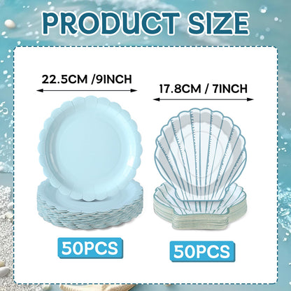 Ferrochef 100 Pcs Ocean Seashell Party Plates Supplies Set 7'' Seashell Disposable Paper Plates 9'' Floral Shaped Paper Plate for Summer Coastal Beach Mermaid Themed Birthday Baby Shower Decoration