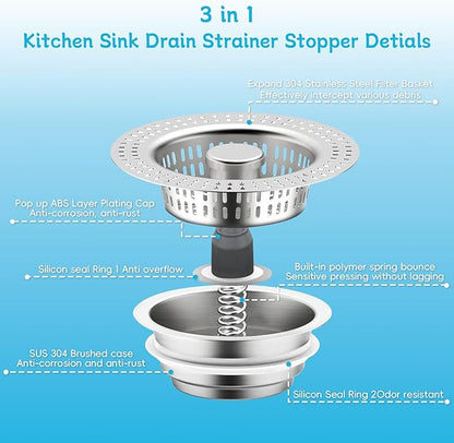 3 in 1 Kitchen Sink Drain Strainer, Upgraded Pop Up Kitchen Sink Stopper