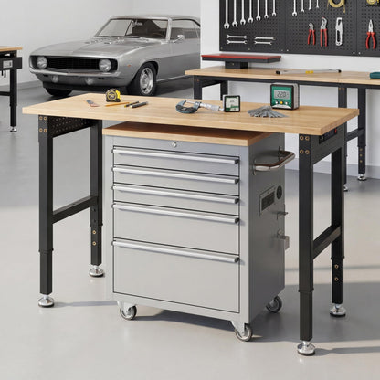 SPECRAFT Adjustable Heavy Duty Workbench with 4 AC Outlet and 2 USB Ports Power Outlets, 2000 Lbs Capacity, Rubber Wood Top for Garage, Workshop, Office