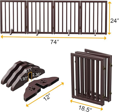 Semiocthome Freestanding Dog Gates for The House Extra Wide with 4 Panels and 4 Support Feet, 24" H Foldable Pet Gate for Stairs, Wooden Expansion Doggy Gates for Doorways, Fit Opening Up to 74" W
