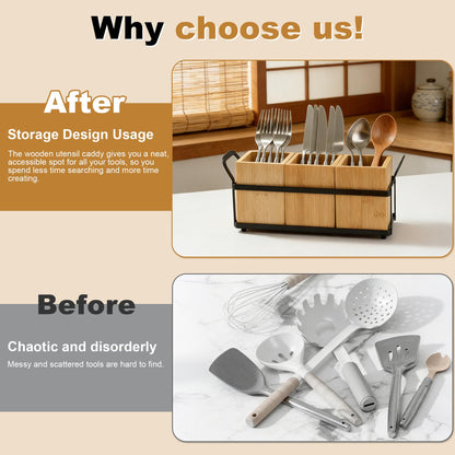 Utensil Holder for Kitchen Countertop, 3 Compartments Detachable Utensils Caddy, Wooden Utensils Organizer for Silverware, Spatula, Fork, Knife, Cutlery Storage, Counter Cooking Utensil Crock
