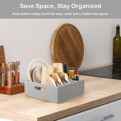 GCWSTJK Wood Utensil Holder for Party, 6-Compartment Paper Plate Organizer with Handles, Wooden Silverware Caddy for Picnic, Camping, BBQ, Buffet, and Kitchen Countertop Organization, Gray