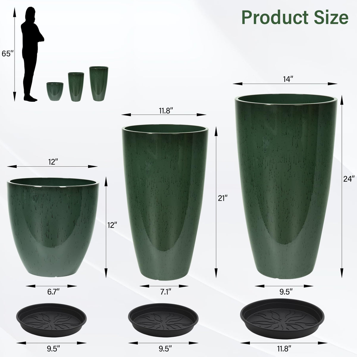 Neoaider 24/21/12 Inch Large Plastic Planter, Lightweight Ceramic-Look Tall Planters with Drain Hole & Saucers, Tall Plastic Planters for Porch, Garden, Patio, Balcony(Dark Green)