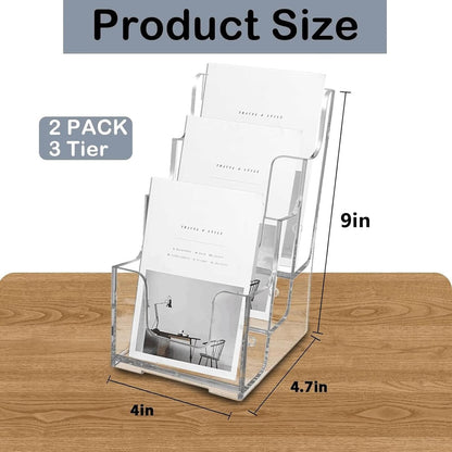 Voittozege 2 Pcs Acrylic Brochure Holder, 3 Tier 4-Inch Wide Clear Literature Holder, Clear Flyer Holder Pamphlet Display Stand Literature Booklet Holder for Wall and Counter Desktop Stand