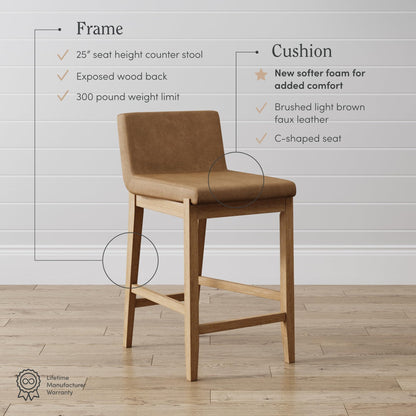 Nathan James Gracie Modern Counter Height Bar Stool with Back, Counter Stool Upholstered Chair with PU Leather and Brushed Wooden Legs, Light Brown