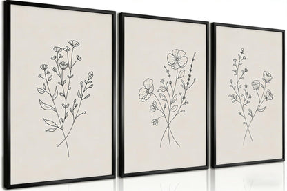 3Pcs Flower Line Canvas Wall Art Neutral Botanical Black and White Flower Painting Picture Wall Decor Minimalist Plant Poster Print Artwork for Living Room Bedroom Office Home Decoration Unframed
