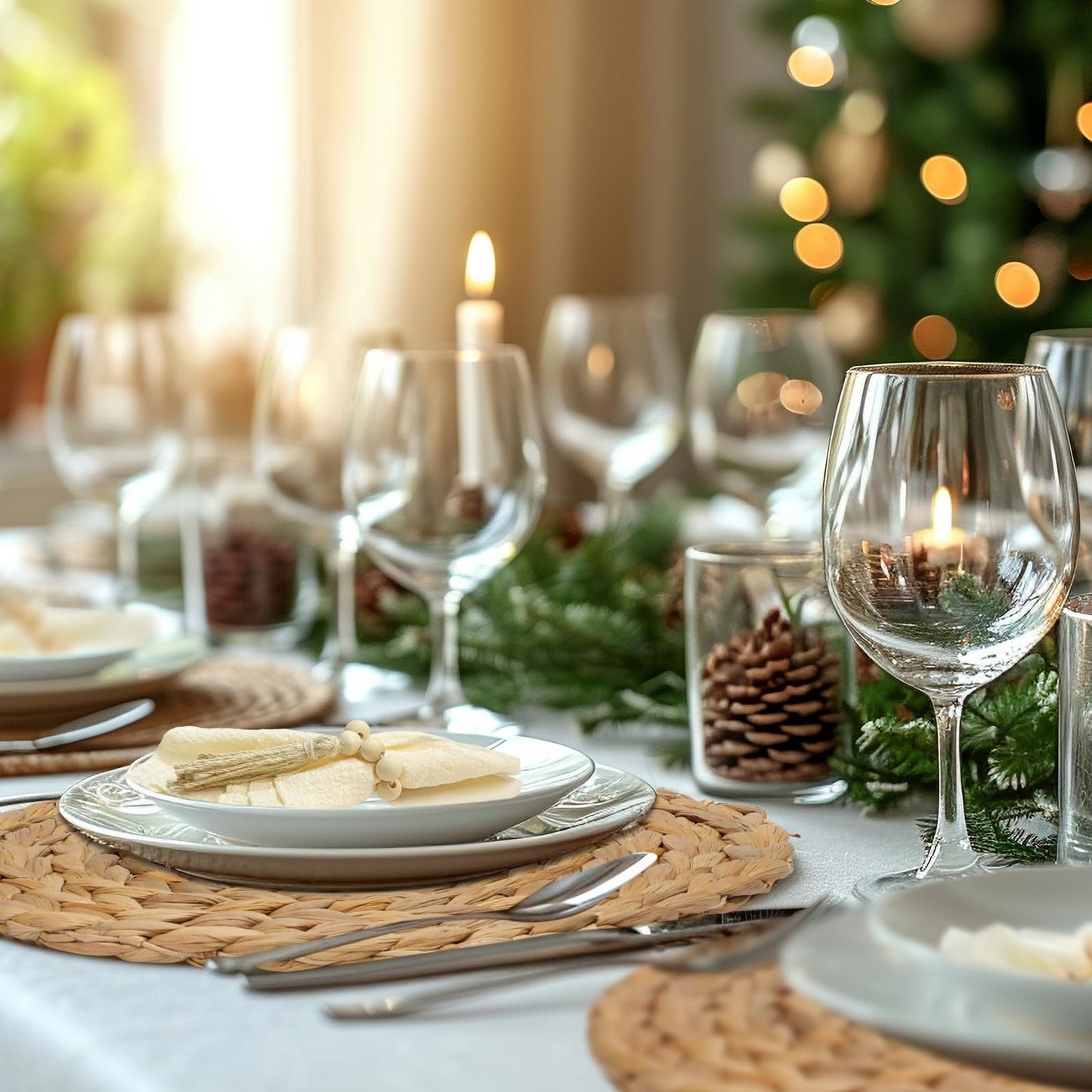 24 PCS Round Woven Placemats Set, 8 Boho Rattan Tablemats 13" Natural Water Hyacinth Farmhouse Place Mats with 8 Napkin, 8 Wooden Beads Napkin Ring for Kitchen Dining Table Decor Wedding Christmas