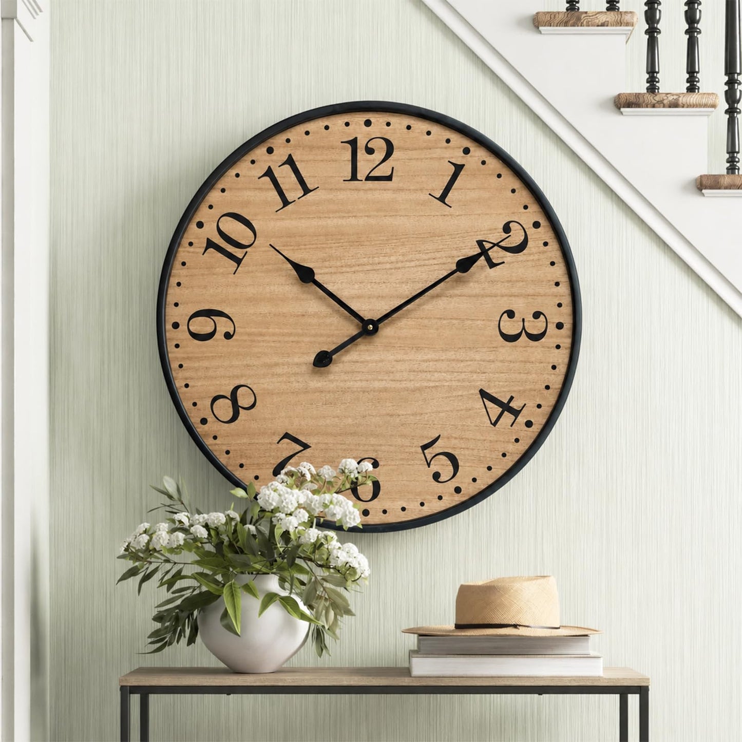 UPPER DECOR Rustic Farmhouse Wall Clocks for Living Room Decor, Large 24 inch Wall Clock with Dark Brown Wooden Face and Black Metal Frame, Silent Battery Operated for Kitchen Bedroom Entryway