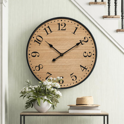 UPPER DECOR Rustic Farmhouse Wall Clocks for Living Room Decor, Large 24 inch Wall Clock with Dark Brown Wooden Face and Black Metal Frame, Silent Battery Operated for Kitchen Bedroom Entryway