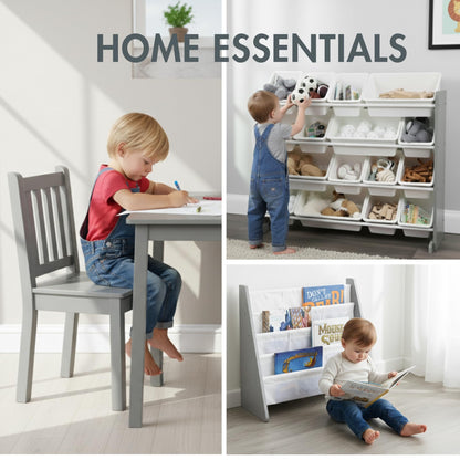 Humble Crew 3-in-1 Kids Bookshelf and Toy Storage Organizer, Bookcase with Rolling Toy Box and 3 Fabric Storage Bins, Wooden Nursery & Playroom Organizer, Grey/Grey