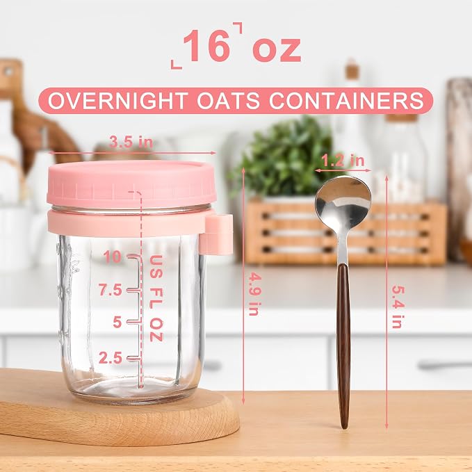 16oz Glass Mason Overnight Oats Jars, Cereal, Yogurt, Salad Lunch,Glass Overnight Oats Containers with Lids and Spoon, Container with Measurement Marks -(Grey&Pink-2Pcs)