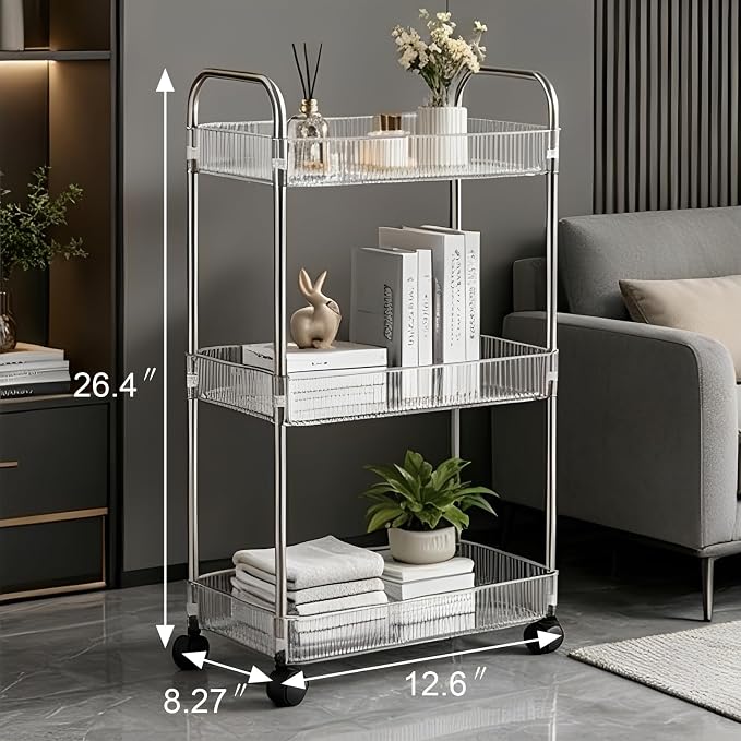 Sooyee Clear 3-Tier Plastic Rolling Utility Cart with Wheels, Multi-Functional Storage Trolley for Office, Living Room, Kitchen, Movable Storage Organizer with Wheels