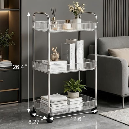 Sooyee Clear 3-Tier Plastic Rolling Utility Cart with Wheels, Multi-Functional Storage Trolley for Office, Living Room, Kitchen, Movable Storage Organizer with Wheels