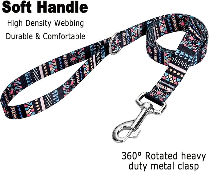 MarukoPet Dog Collar and Leash Set, Adjustable for Small Medium Large Dogs Puppy, Cute Design with Bohemia Floral Tribal Geometric Patterns Boys Girls Dog Collar(Black Bohemia Set,XS)