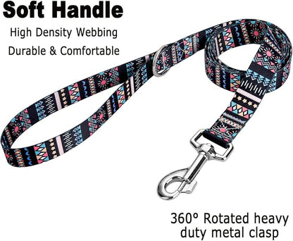 MarukoPet Dog Collar and Leash Set, Adjustable for Small Medium Large Dogs Puppy, Cute Design with Bohemia Floral Tribal Geometric Patterns Boys Girls Dog Collar(Black Bohemia Set,L)