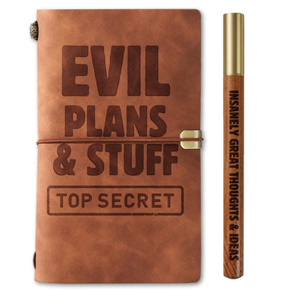 InnoBeta Funny Office Journal for Coworkers, Employees, Leather Journal Notebook 7x5 Inches, Refillable Sketchbook, Travel Diary, Lined Planner for Birthday, Christmas, EVIL PLANS & STUFF