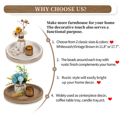 Hanobe Round Wooden Tray Decor: Decorative Candle Plate Holder Tray for Coffee Table - Rustic Farmhouse Table Centerpiece for Home Living Room Kitchen Counter(Brown)
