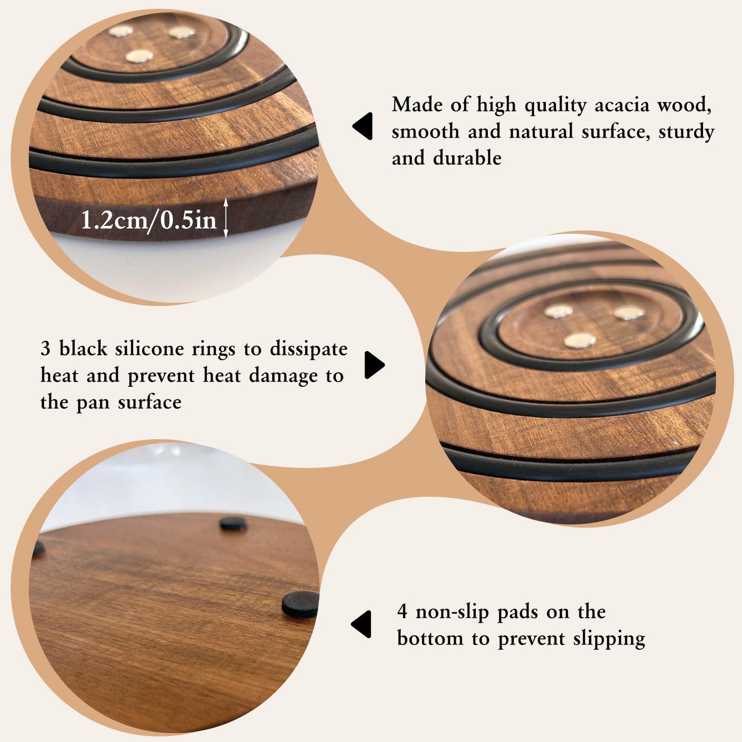 LAIAMER 2 PCS Magnetic Wooden Trivets for Hot Pots and Pans, Heat Resistant Acacia Wood Trivet with Cushioning Silicone Strips for Dutch Ovens Hot Dishes Pots Holder, for Mom Grandma