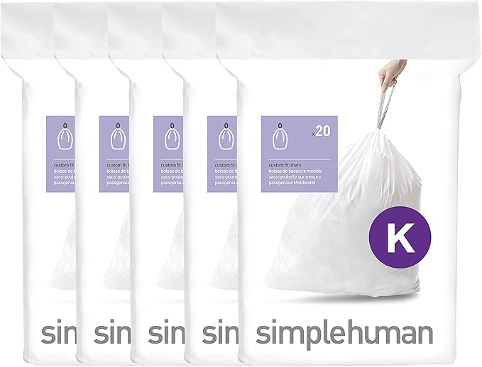 simplehuman Code K 100 Count, Dispenser Pack Custom Fit Liners, Drawstring