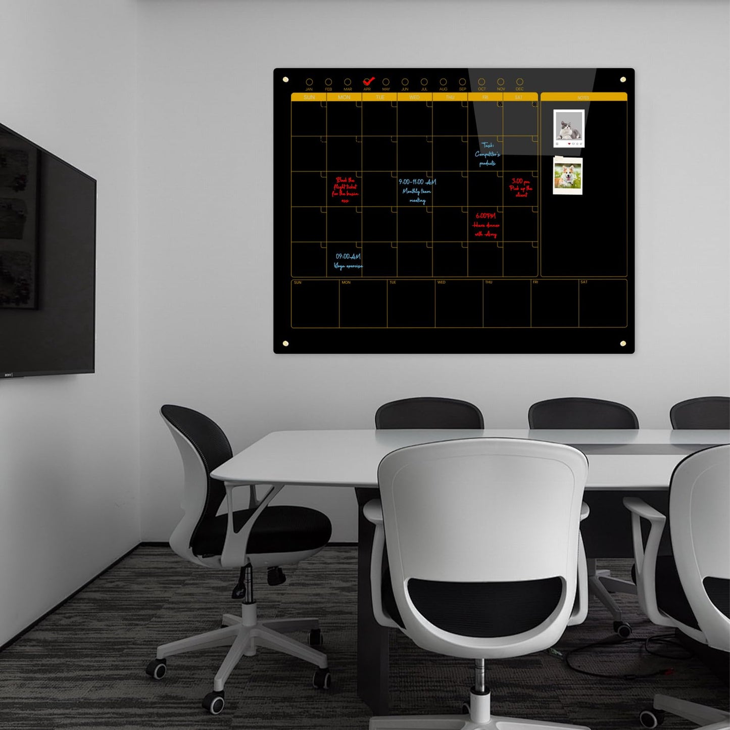 Magnetic Glass Blackboard Calendar 48"x36" Monthly Glass Dry Erase Board for Wall Planner GlassBlack Board Calender Wall Mounted for Office School Home(Black)