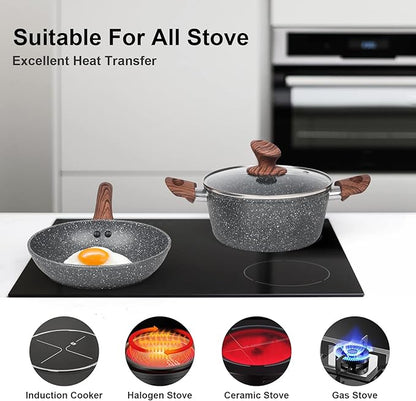 M MELENTA Granite Pots and Pans Set Non Stick, 11 Piece Die-Cast Induction Cookware Set, Nonstick Kitchen Cooking Set w/Frying Pans & Saucepans, PFOA Free