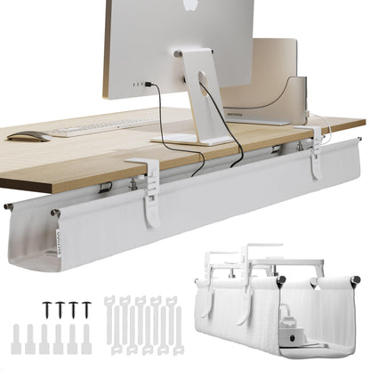 Ascrono Original No Drill Under Desk Cable Management Tray 53.9" - Premium White Fabric Cable Management Under Desk - Clamp/Screw Mount Cord Organizer - Supports Upto 66lbs - Extra Large