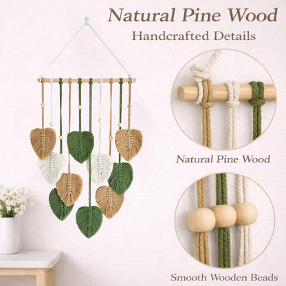 TUDRUKU 15.7x36 Inch Macrame Wall Hanging Nursery Decor Leaves Woven Tapestry Feather Handmade Yarn Tassels Boho Wall Decor for Bedroom Living Room Apartment Home Backdrop (Green)