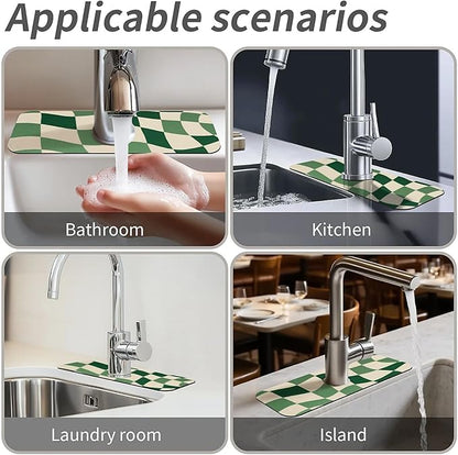 Kitchen Sink Splash Guard，Green-and cream checkered Faucet Mat Sink