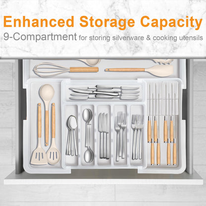 Homecor Silverware Organizer - Expandable Large Kitchen Drawer Organizer Utensil Organizer with 2 Removable Knife Blocks, 22"x 19"Cutlery Tray Drawer Dividers for Kitchen Flatware(6-9 Slots) (Black)