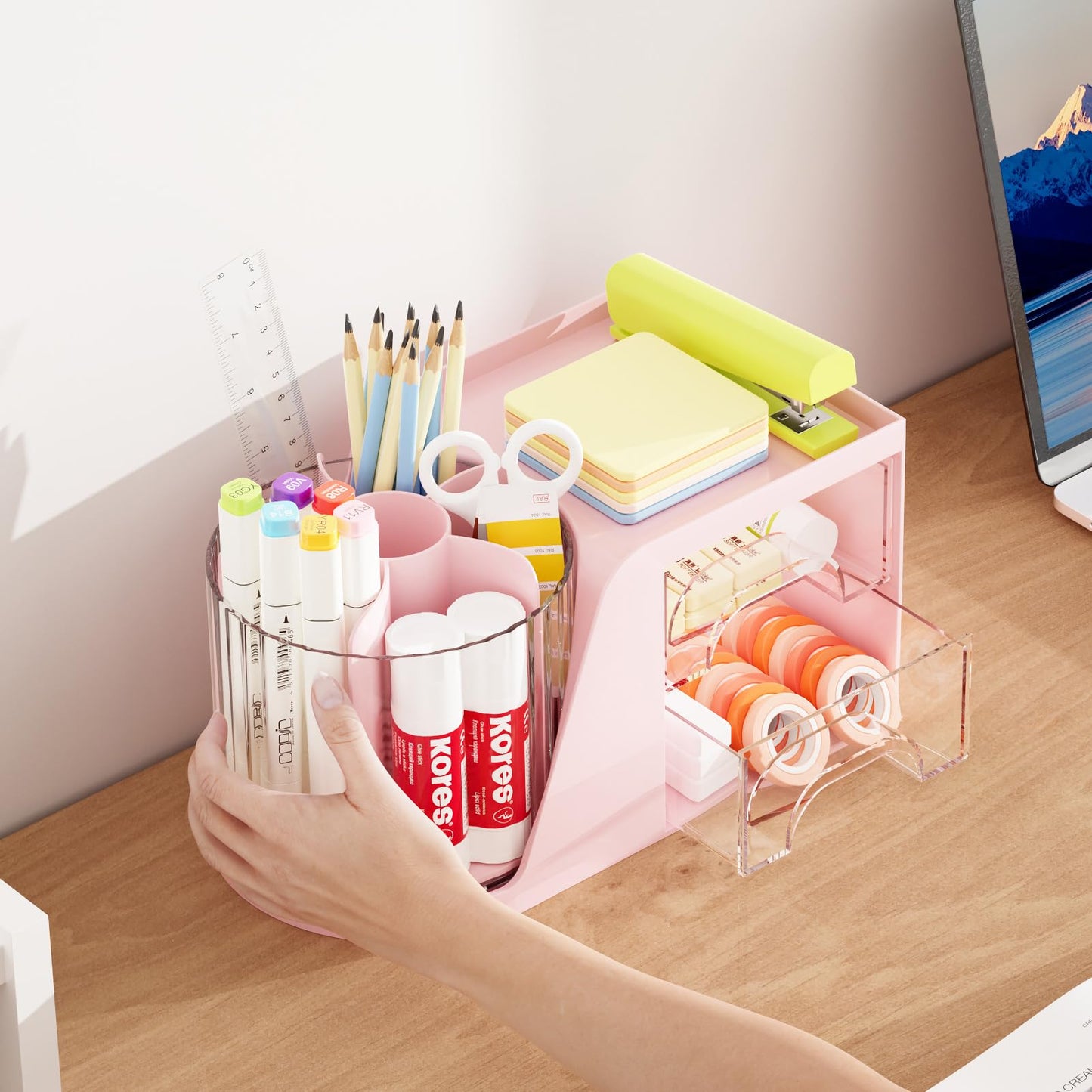 Marbrasse Desk Organizer with 2 Drawer, 360°Rotating Pen Holder, Desk Organizers and Accessories with 6 Slots Pencil Organizer + 2 Drawer, Art Supply Storage Box Caddy for Office (Pink)