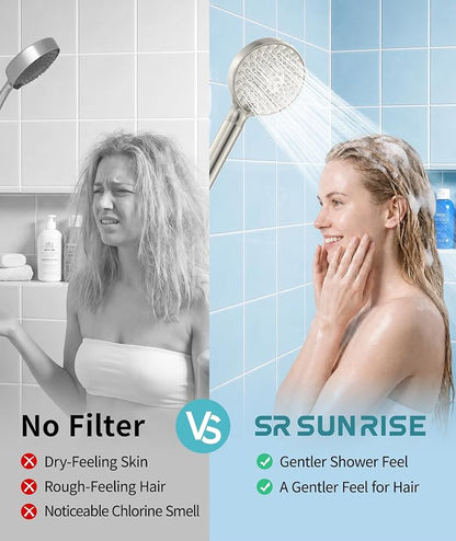 SR SUN RISE Filtered Shower Head with Handheld High Pressure 9 Spray Mode Showerhead Detachable Shower Head Water Softener Filters Beads for Hard Water Remove Chlorine 4 Filters Brushed Nickel