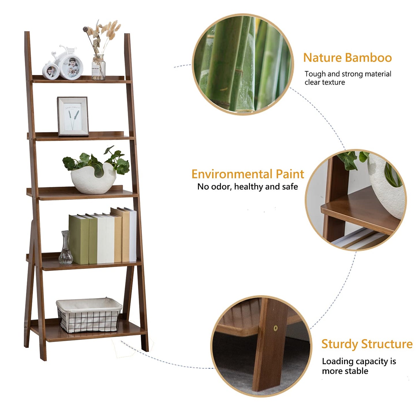SOBIBO Ladder Shelf Bookshelf, 5-Tier Leaning Shelf, Free Standing Organizer Storage Shelves, Storage Rack Shelf for Office, Living Room, Bedroom, Natural