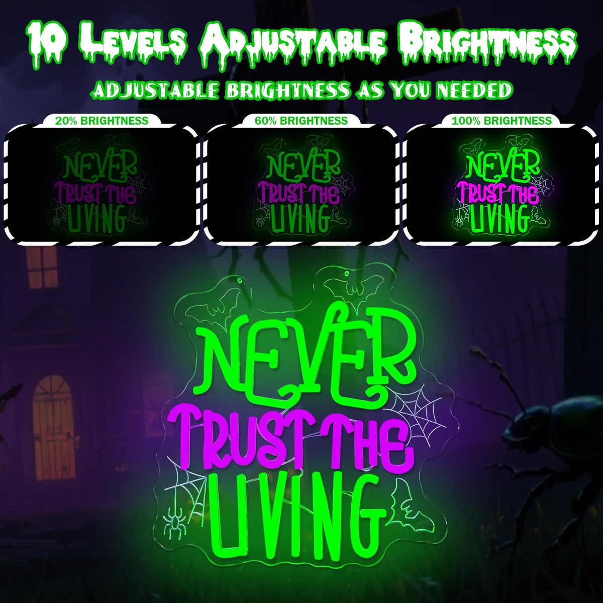 Ajoyferris Never Trust The Living Neon Sign Halloween Neon Signs for Wall Decor Dimmable Tombstone Led Sign Gothic Haunted House Neon Lights for Windows Halloween Party Decor